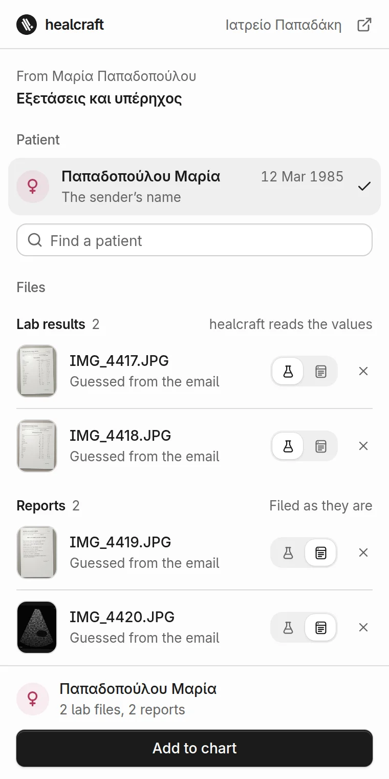 The healcraft panel open beside an email of four phone photos: two lab results and two reports for the patient it picked, and Add to chart.